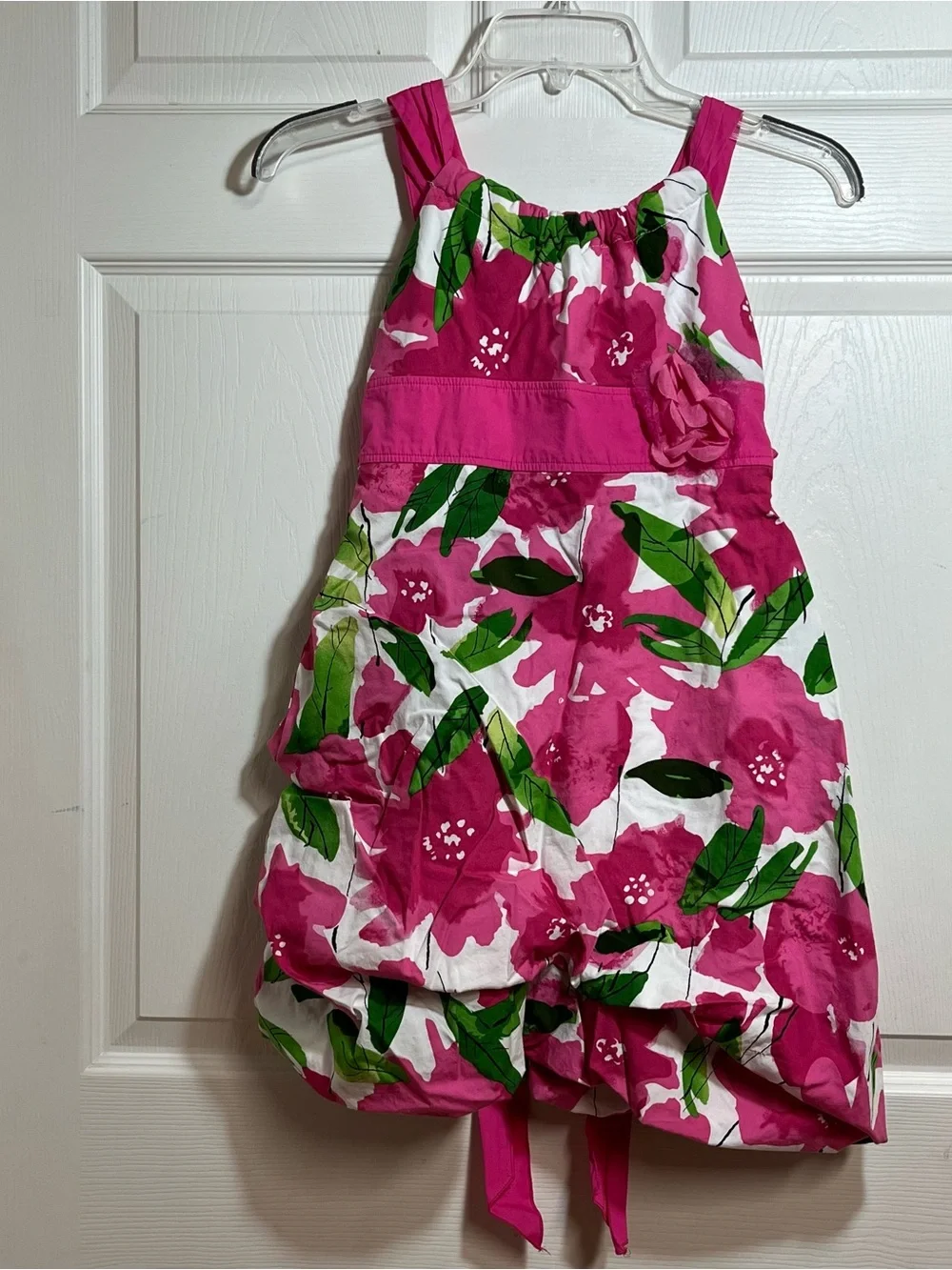My Michelle Pink Floral Bubble Dress with Green Leaf Print